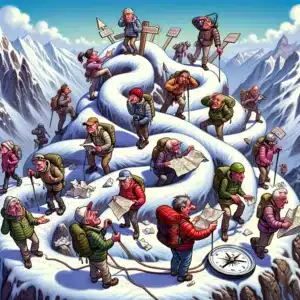 Gruppe von Führungskräften auf einem schneebedeckten Berg, die Karten studieren und Entscheidungen treffen, symbolisiert durch verschiedene Posen und Ausdrücke